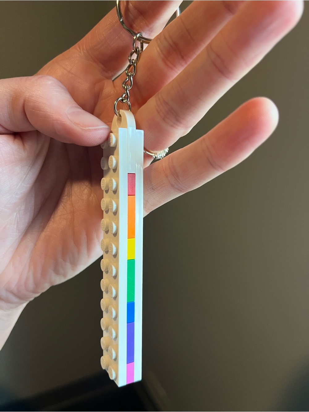 Lego White Brick Keychain with Rainbow Stripe - Handmade